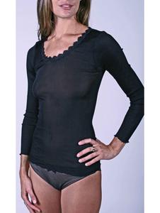 LISANZA - Top manches longues col rond dentelle noir SOIE