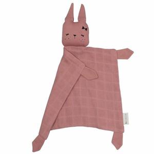 Doudou Plat Carré Lapin Cerise Fabelab Mousseline Coton Bio GOTS -