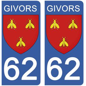 2 stickers pour plaque d'immatriculation Auto, 62 GIVORS- Pas de Calais
