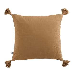 OUREA - Coussin Déhoussable 40x40cm avec Pompons Gaze de Coton Camel
