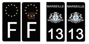 Set de 4 stickers NOIR pour plaque d'immatriculation, 13 MARSEILLE