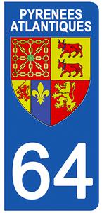 2 stickers pour plaque d'immatriculation Auto, 64 blason des Pyrénées Atlantiques
