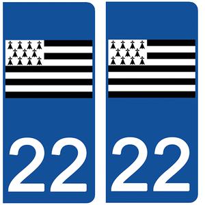 2 stickers pour plaque d'immatriculation Auto, 22 Côtes-d'Armor, Gwenn ha du, drapeau breton