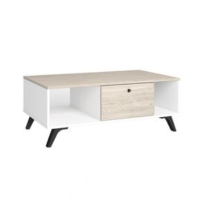 CLARIO - Table Basse 1 Tiroir 2 Niches Effet Bois Clair et Blanc Mat