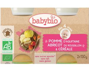 BABYBIO Mes Fruits - 2 x 130 g Pomme d'Aquitaine Abricot et Céréale - 4 mois