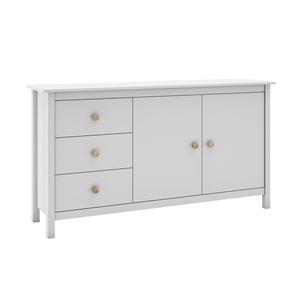 DAVA - Buffet L.130cm 2 Portes 3 Tiroirs en Pin Massif Blanc