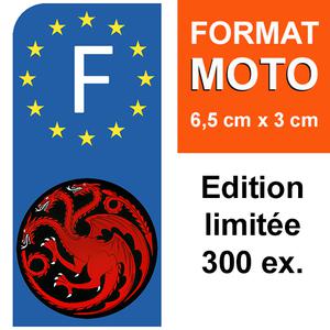 1 sticker pour plaque d'immatriculation MOTO, Dragons Targaryen Edition limitée 300 ex.