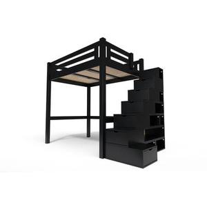 Lit Mezzanine adulte bois 160x200 Alpage hauteur réglable + escalier cube 160x200 Noir