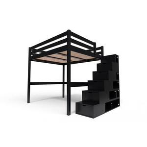 Lit Mezzanine bois 160x200 avec escalier cube Sylvia 160x200 Noir