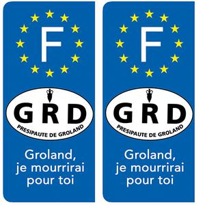 2 stickers pour plaque immatriculation Auto, Presipauté de Groland « Groland, je mourrirai pour toi. »