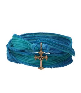 Catherine Michiels - Bracelet en soie à nouer et charm Mariel Cross en bronze et diamant - Bleu