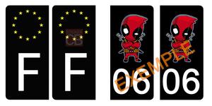 Set de 4 stickers NOIR pour plaque d'immatriculation, Deadpool, avec Votre N° de département