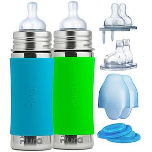 Set Biberons Inox 325 ml Tétines Débit 3~18+ mois Bleu-Vert Pura Ki