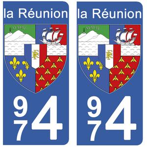 2 stickers pour plaque d'immatriculation Auto, 974 blason de la Réunion