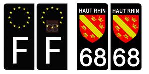 Set de 4 stickers NOIR pour plaque d'immatriculation, 68 HAUT RHIN