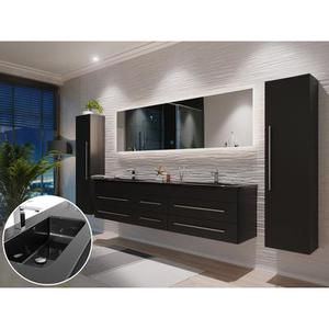 Ensemble meuble de SDB Compose 200 4 pièce en noir satiné avec miroir LED