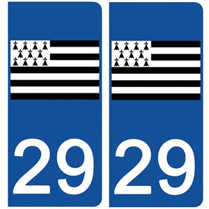 2 stickers pour plaque d'immatriculation Auto, 29 Finistère, Gwenn ha du, drapeau breton