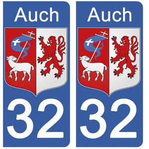 2 stickers pour plaque immatriculation Auto, 32 AUCH, Gers, Région OCCITANIE