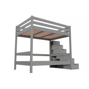 Lit superposé 4 personnes 140x200 adultes bois escalier cube Sylvia 140x200 Gris