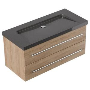 Meuble SDB Damo décor chêne avec vasque granit IndiaBlack 100cm sans pré-perçage