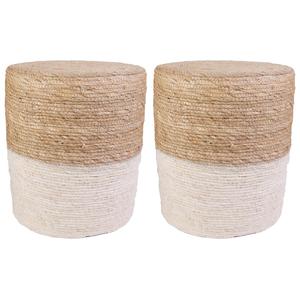 ESTANY - Lot de 2 Poufs Ronds Tressés Naturel et Beige