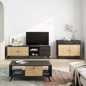 GADDI - Pack Meuble TV 181cm + Table Basse + Buffet 2 Portes Effet Bambou Tressé