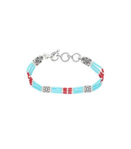 Harpo - Femme - Bracelet Navajo 3 rangs Turquoise/Corail - Bleu