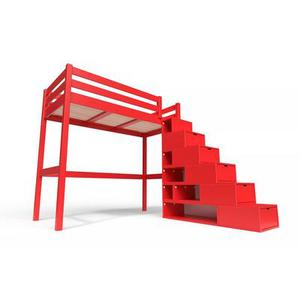 Lit Mezzanine bois avec escalier cube Sylvia 90x200 Rouge