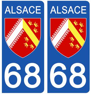 2 stickers pour plaque d'immatriculation Auto, 68 ALSACE
