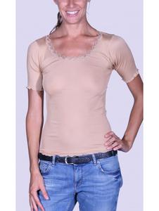 LISANZA - Top manches courtes col rond dentelle peau SOIE