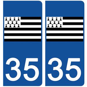 2 stickers pour plaque d'immatriculation Auto, 35 l'Ille et Vilaine, Gwenn ha du, drapeau breton