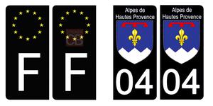 Set de 4 stickers NOIR pour plaque d'immatriculation, 04 ALPES DE HAUTE PROVENCE