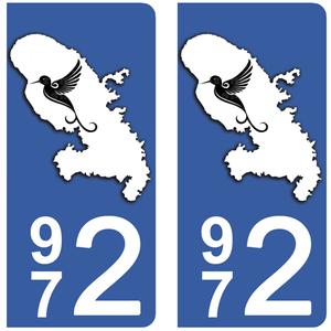 2 stickers pour plaque d'immatriculation Auto, 971 carte de la Martinique