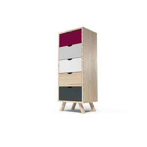 Chiffonnier Scandinave bois 5 tiroirs Viking Prune, Gris souris, Blanc, Gris anthracite