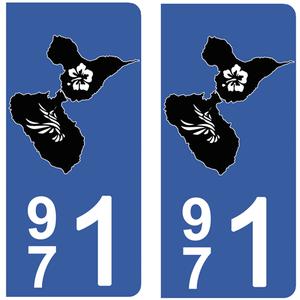 2 stickers pour plaque d'immatriculation Auto, 971 carte de la Guadeloupe