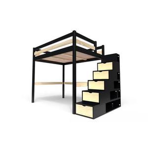 Lit mezzanine bois 140x200 Sylvia avec escalier cube - Noir/Vernis naturel