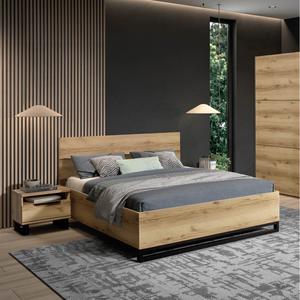 GAMMA - Chambre Lit 180x200 et 2 Chevets Aspect Bois et Pied Avant Métal Noir