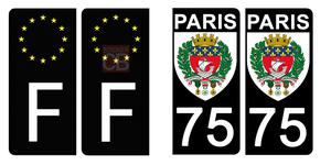 Set de 4 stickers NOIR pour plaque d'immatriculation, 75 PARIS