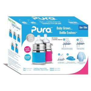 Set Biberons Inox 150 ml Tétines Débit 0-18 mois Bleu-Rose Pura Ki