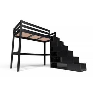 Lit Mezzanine bois avec escalier cube Sylvia 90x200 Noir