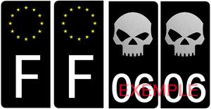 Set de 4 stickers pour plaque immatriculation Auto, SKULL, noir