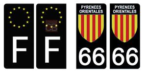 Set de 4 stickers NOIR pour plaque d'immatriculation, 66 PYRÉNÉES ORIENTALES