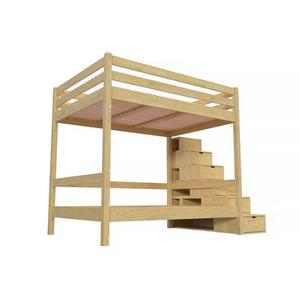 Lit superposé 4 personnes 140x200 adultes bois escalier cube Sylvia 140x200 Miel