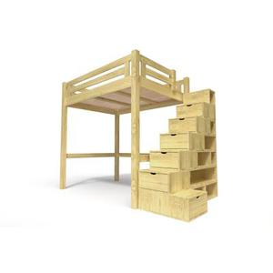 Lit Mezzanine adulte bois 140x200 Alpage hauteur réglable + escalier cube 140x200 Miel