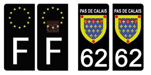 Set de 4 stickers NOIR pour plaque d'immatriculation, 62 PAS DE CALAIS
