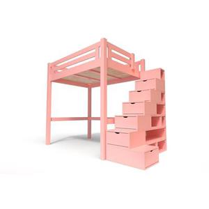 Lit Mezzanine adulte bois + escalier cube hauteur réglable Alpage 160x200 Rose Pastel