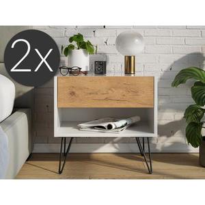 2x Table de nuit debout Dion 50cm SoftClose tiroir blanc & chêne devant