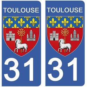 2 stickers pour plaque immatriculation Auto, 31 TOULOUSE, Haute Garonne, Région OCCITANIE
