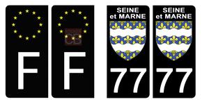 Set de 4 stickers NOIR pour plaque d'immatriculation, 77 SEINE et MARNE