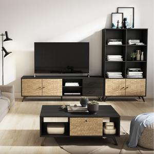 GADDI - Pack Meuble TV 181cm + Table Basse + Bibliothèque Effet Bambou Tressé